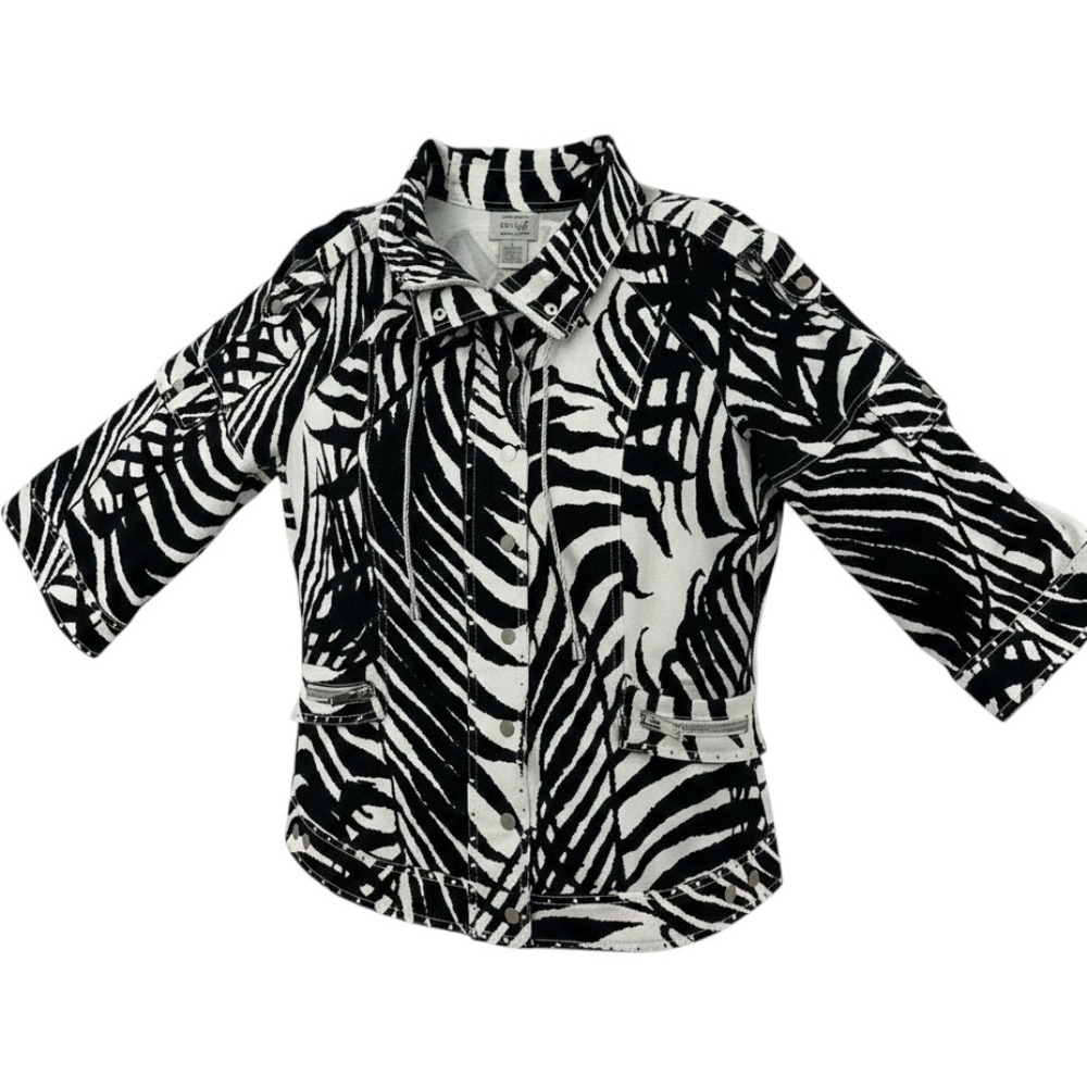 Just B Women L Zebra Palm Print Utility Jacket Black White 3/4 Sleeve Mob Wife